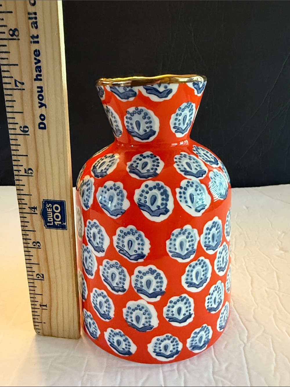 ANTHROPOLOGIE Elza Vase Hand Painted Gold Rim Orange With Blue Flowers Glazed - Picture 5 of 9